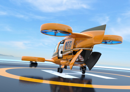 Rear,View,Of,Orange,Passenger,Drone,Taxi,On,Helipad.,Rear
